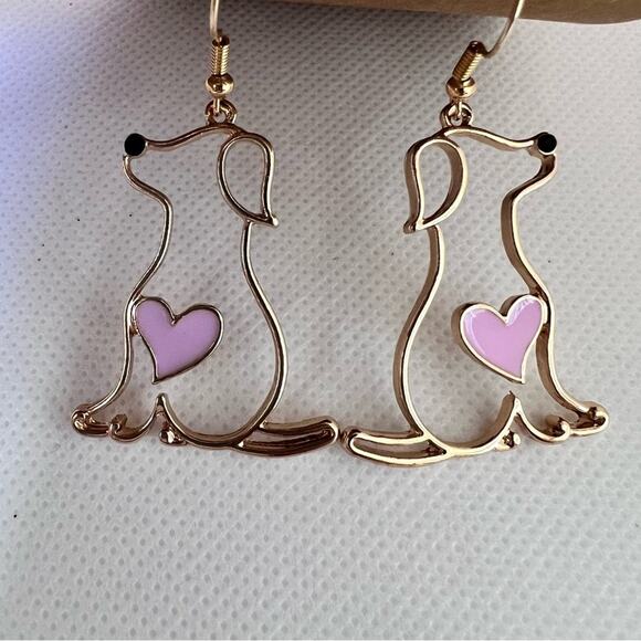 Dog Shape Drop Dangle Gold Tone Earrings Pink Heart Design Novelty Gift - Picture 2 of 5